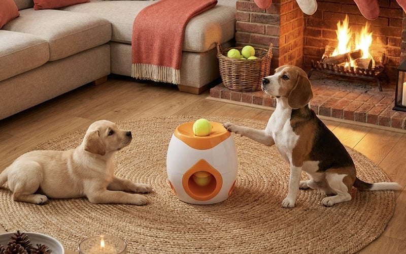A labrador puppy lying down and a beagle sitting beside the PupFetch launcher by a lit fireplace