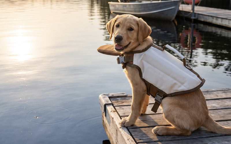 A labrador puppy in the life jacket sitting on a lake dock in the evening