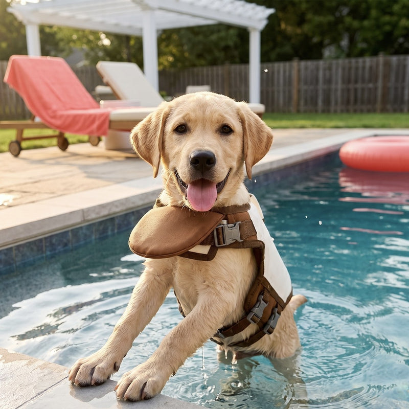 A labrador puppy in the PupFloat life jacket at the edge of a backyard pool
