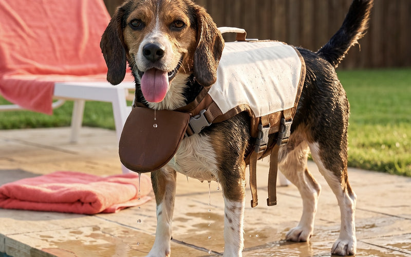 A wet beagle on a pool deck still wearing the life jacket, water dripping off it