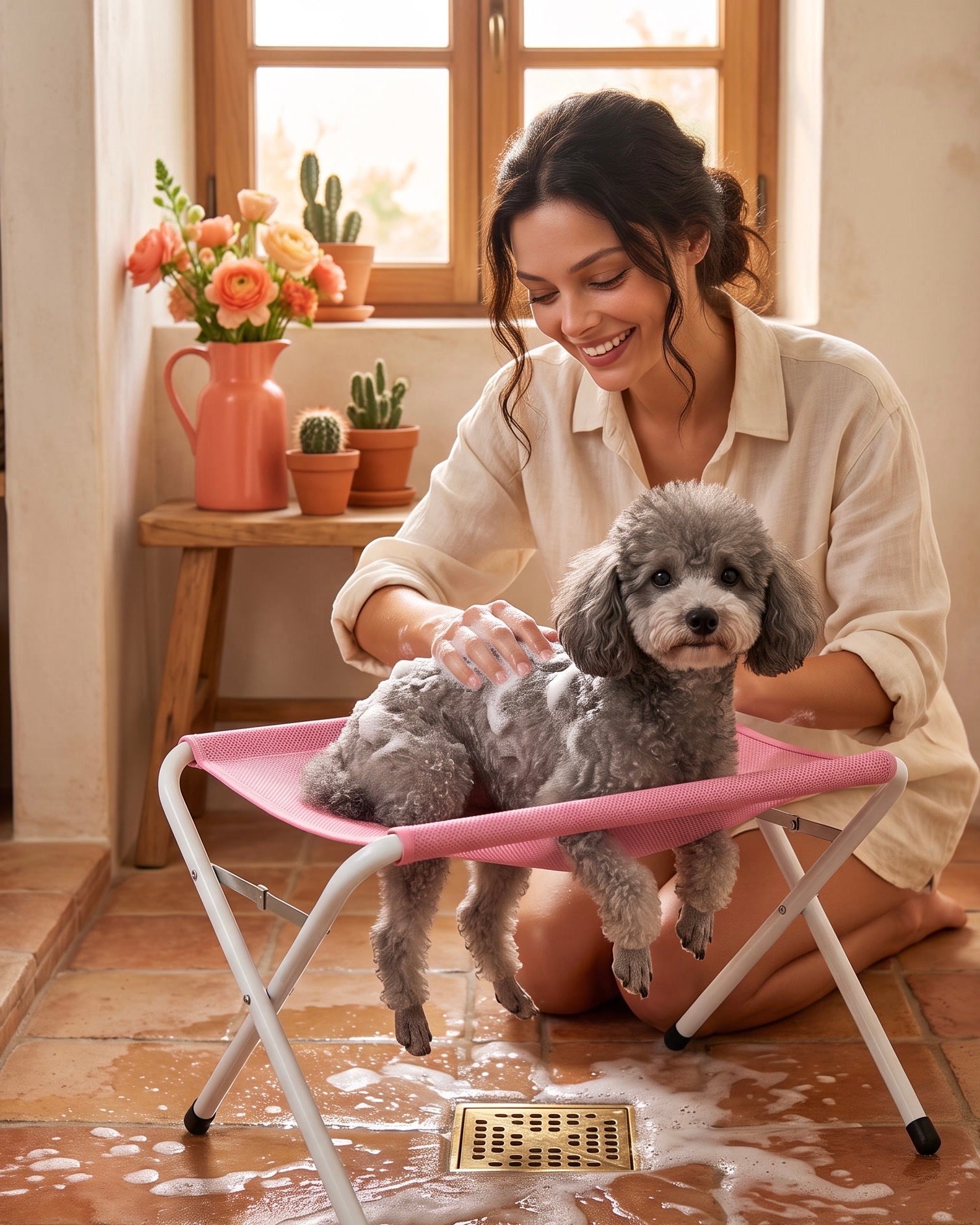 Dog lying calmly in the PupTub bathing hammock, legs hanging through the mesh