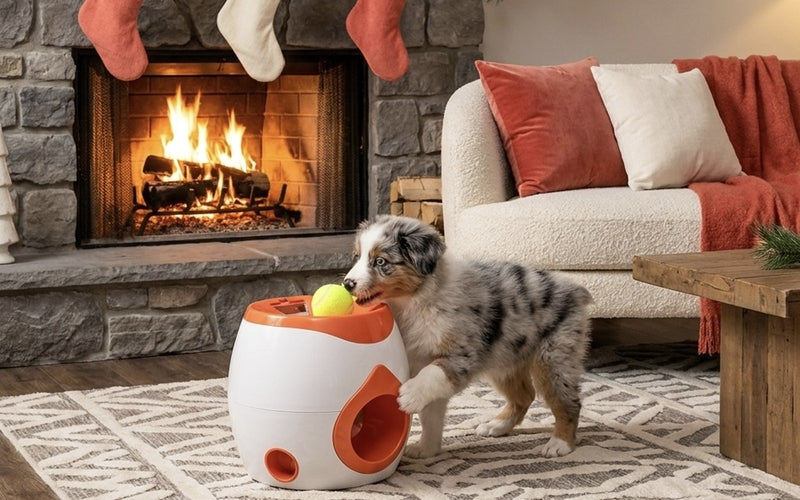 An Australian Shepherd puppy nosing a tennis ball into the top of the PupFetch launcher