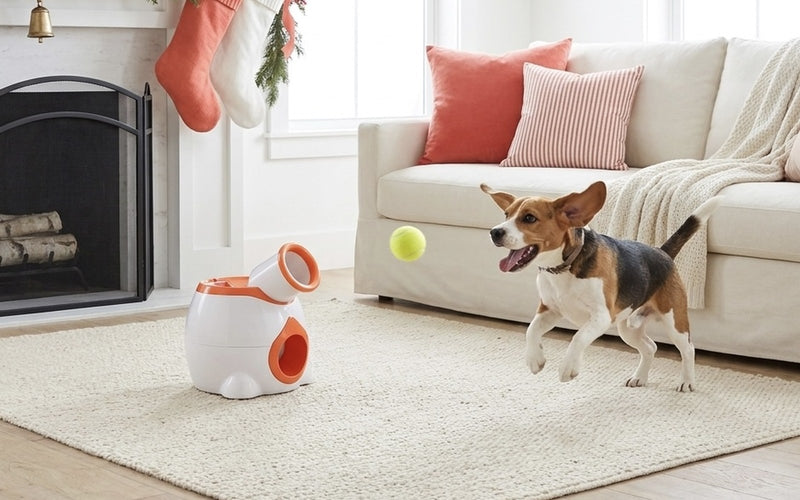 A beagle trotting back across the living room with a tennis ball beside the PupFetch launcher