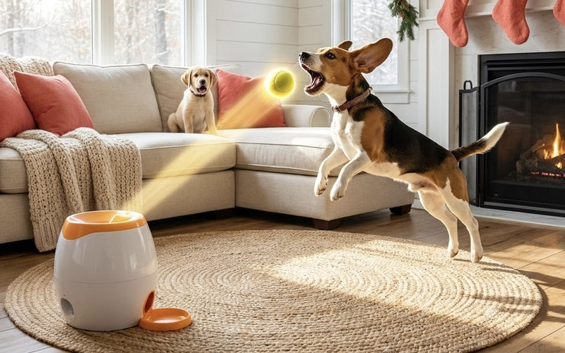A beagle leaping for a tennis ball in a bright living room while a labrador puppy watches from the sofa
