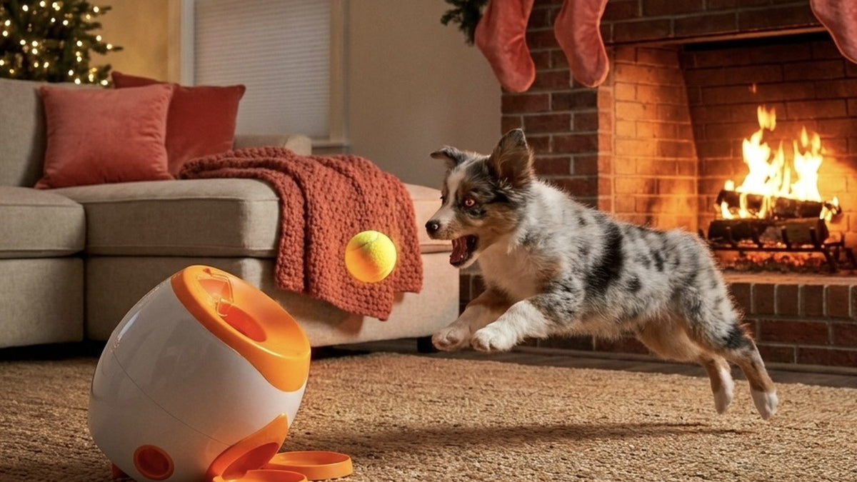 An Australian Shepherd puppy leaping mid-air for a tennis ball beside the PupFetch launcher, lit by a fireplace
