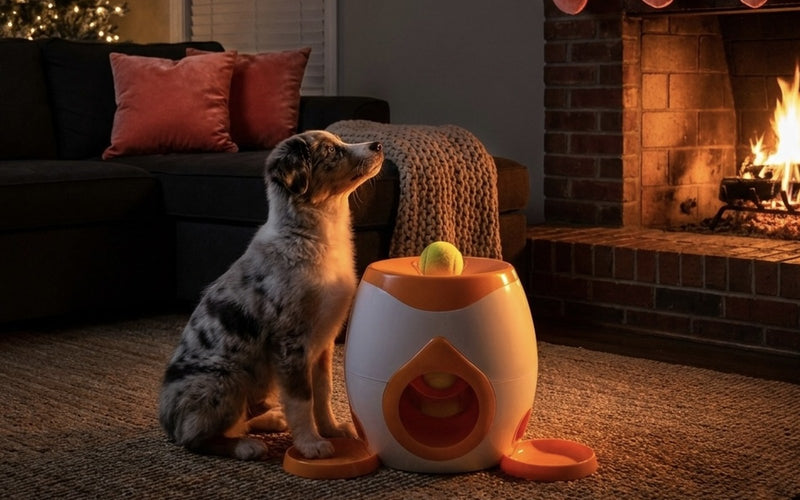 An Australian Shepherd puppy sitting beside the PupFetch launcher at night, watching the loaded ball