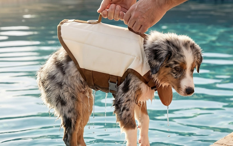 An Australian Shepherd puppy being lifted out of a pool by the grab handle on the life jacket