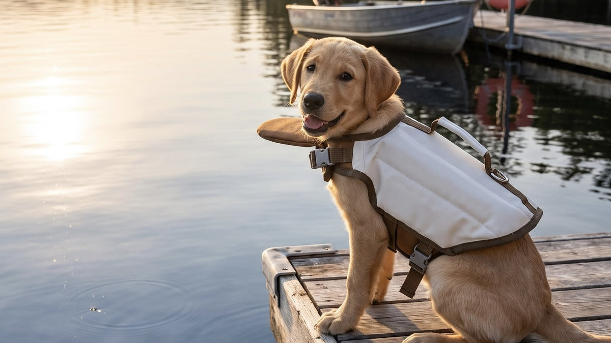 A labrador puppy in the PupFloat life jacket sitting on a lake dock at golden hour, a boat moored behind