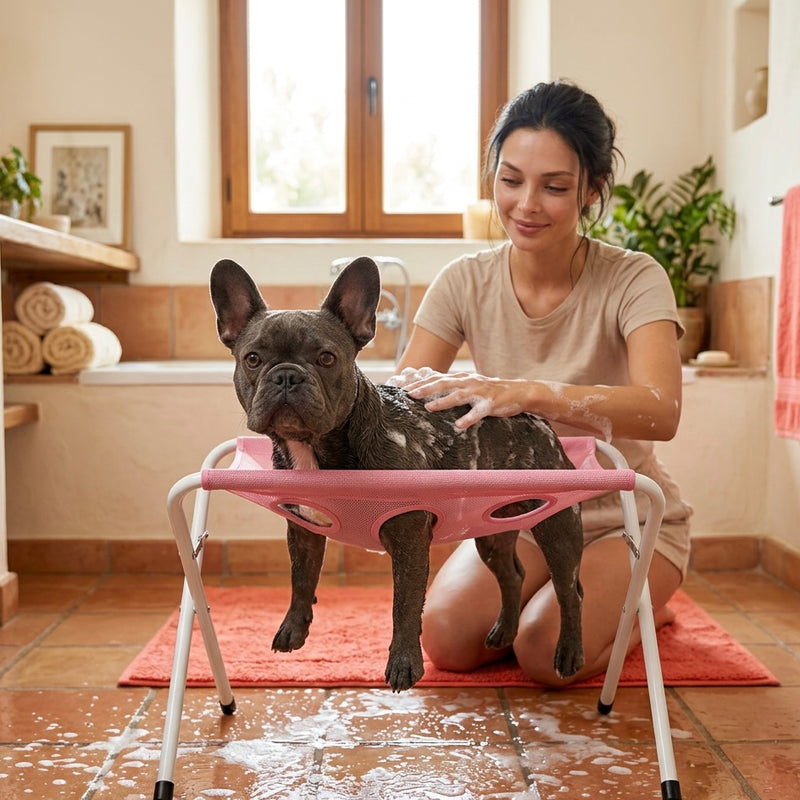 PupTub standing on the bathroom floor beside the tub while a French bulldog is washed