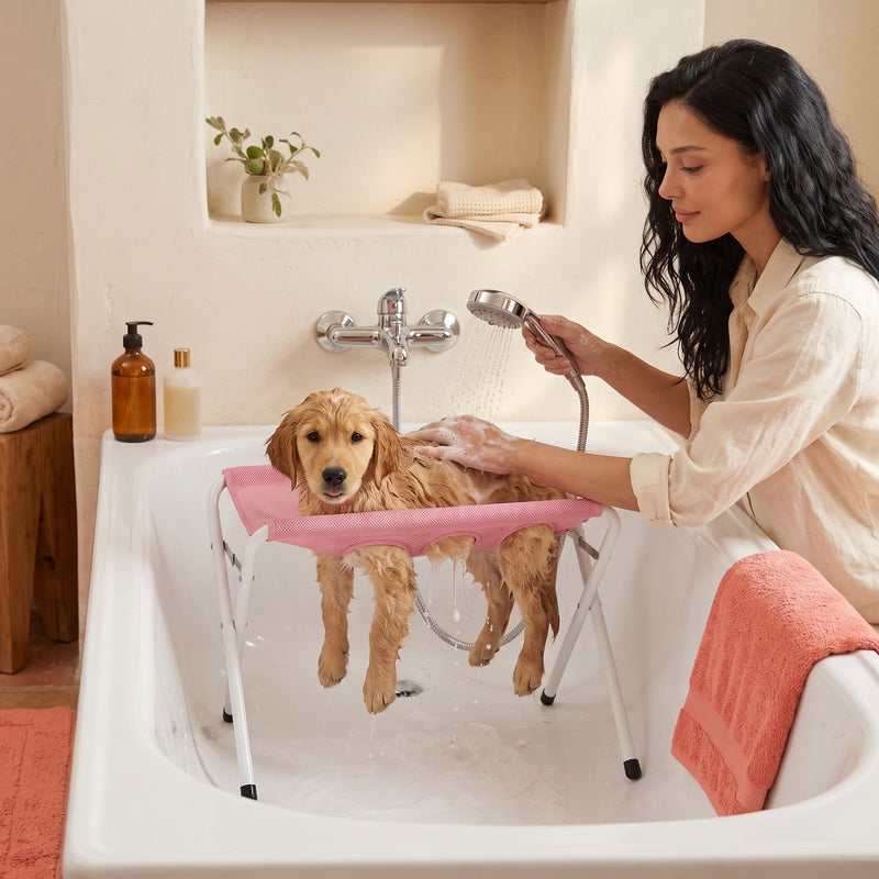 PupTub standing inside an ordinary bathtub while a puppy is rinsed